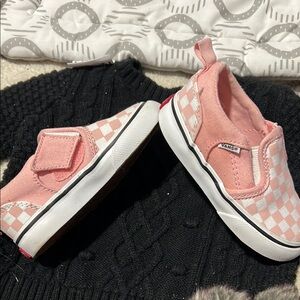 Vans Pink and White Slip-On Sneakers with Polka Dots